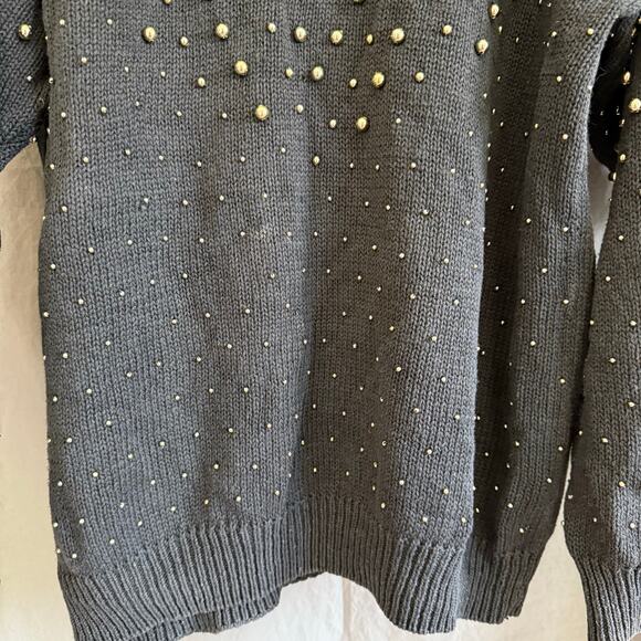 Vintage Rochelle-Forest Black Sweater Gold Stud Beads Ramie Cotton L - Picture 8 of 16